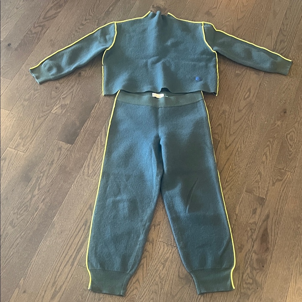 Tory Burch Green Wool Blend Tracksuit Set Yellow Trim Sweatshirt Joggers M/L